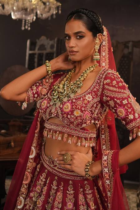 Shop_House of ayra_Maroon Silk, Net Embroidery, Beads, Sequins, Zari, Saanj Bridal Lehenga Set _Online_at_Aza_Fashions