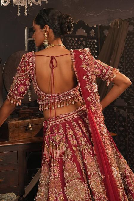 House of ayra_Maroon Silk, Net Embroidery, Beads, Sequins, Zari, Saanj Bridal Lehenga Set _at_Aza_Fashions