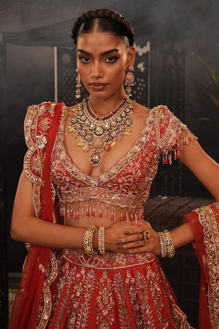 House of ayra_Orange Silk Embroidery, Beads, Sequins, Gulmohar Embellished Raw Lehenga Set _Online_at_Aza_Fashions