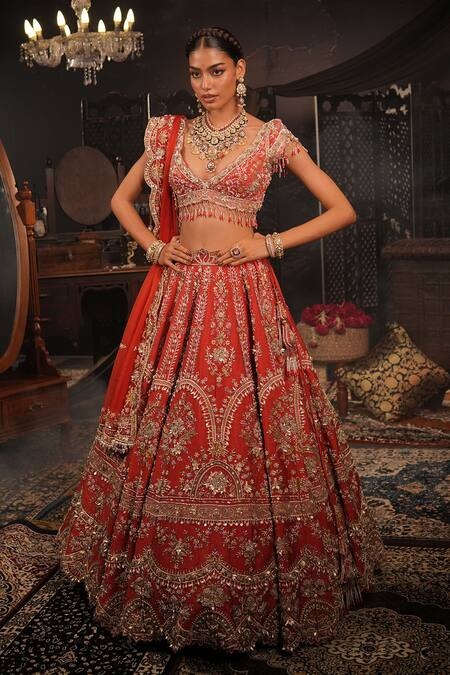 House of ayra_Orange Silk Embroidery, Beads, Sequins, Gulmohar Embellished Raw Lehenga Set _at_Aza_Fashions
