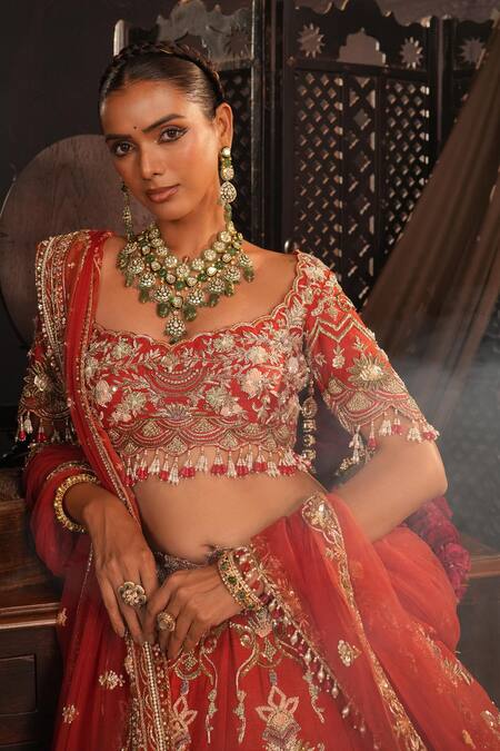 Buy_House of ayra_Red Silk Embroidery, Metallic Thread, Tassels, Noor Zardosi Bridal Lehenga Set _Online_at_Aza_Fashions