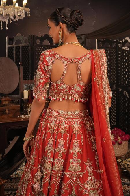Shop_House of ayra_Red Silk Embroidery, Metallic Thread, Tassels, Noor Zardosi Bridal Lehenga Set _Online_at_Aza_Fashions