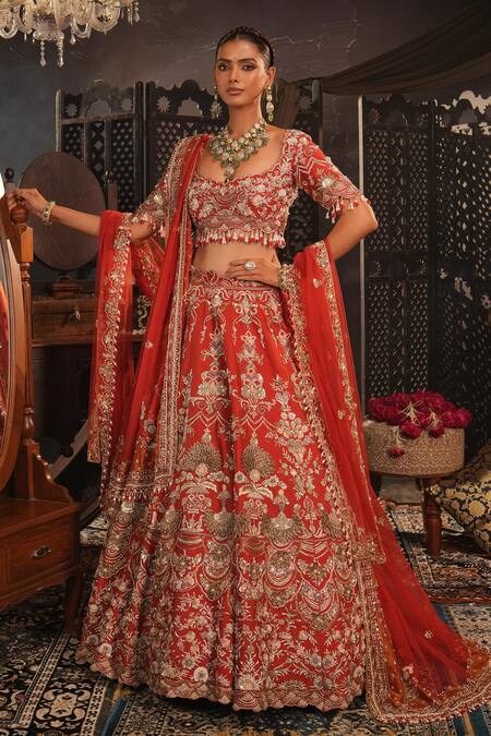 House of ayra_Red Silk Embroidery, Metallic Thread, Tassels, Noor Zardosi Bridal Lehenga Set _at_Aza_Fashions