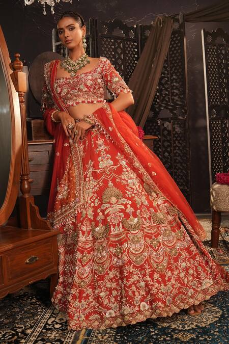 Buy_House of ayra_Red Silk Embroidery, Metallic Thread, Tassels, Noor Zardosi Bridal Lehenga Set 