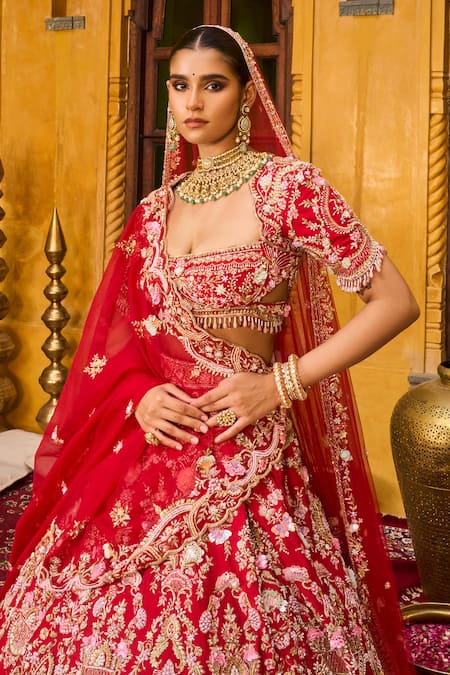 House of ayra_Red Silk, Net Embroidery, Zari, Scarlet Zardozi And Resham Bridal Lehenga Set _Online_at_Aza_Fashions