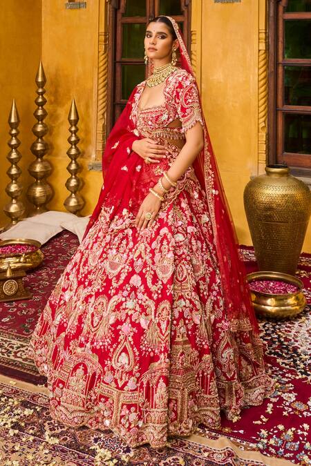 Shop_House of ayra_Red Silk, Net Embroidery, Zari, Scarlet Zardozi And Resham Bridal Lehenga Set _Online_at_Aza_Fashions