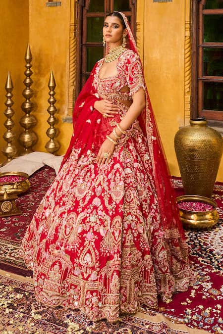 House of ayra_Red Silk, Net Embroidery, Zari, Scarlet Zardozi And Resham Bridal Lehenga Set _at_Aza_Fashions
