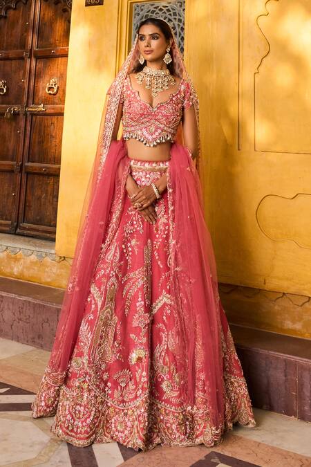 House of ayra_Peach Silk, Net Embroidery, Sequins, Zari Sweetheart Salmon Raw Lehenga Set _Online_at_Aza_Fashions
