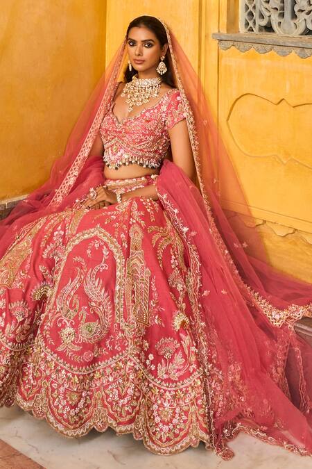 Buy_House of ayra_Peach Silk, Net Embroidery, Sequins, Zari Sweetheart Salmon Raw Lehenga Set _Online_at_Aza_Fashions