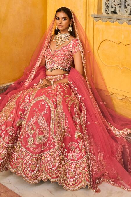 Shop_House of ayra_Peach Silk, Net Embroidery, Sequins, Zari Sweetheart Salmon Raw Lehenga Set _Online_at_Aza_Fashions