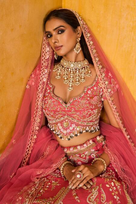 House of ayra_Peach Silk, Net Embroidery, Sequins, Zari Sweetheart Salmon Raw Lehenga Set _at_Aza_Fashions