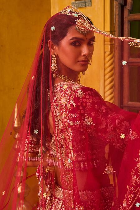 Buy_House of ayra_Burgundy Silk, Net Embroidery, Zari, Tassels, Rosewood Bridal Lehenga Set _Online_at_Aza_Fashions