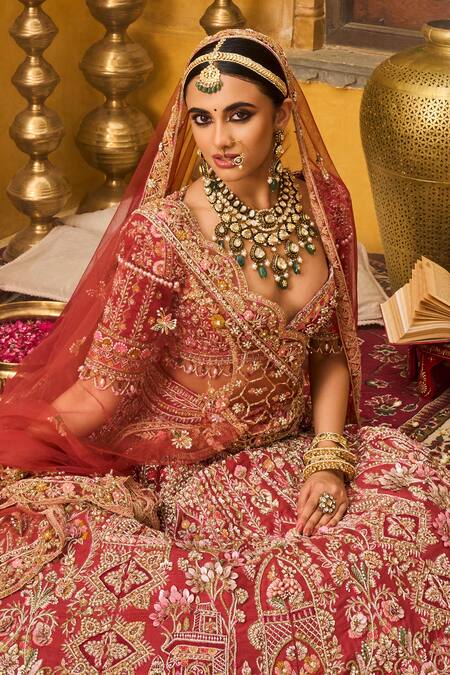 House of ayra_Red Silk, Net Embroidery, Sequins, Zari Sandstone Embellished Bridal Lehenga Set _Online_at_Aza_Fashions