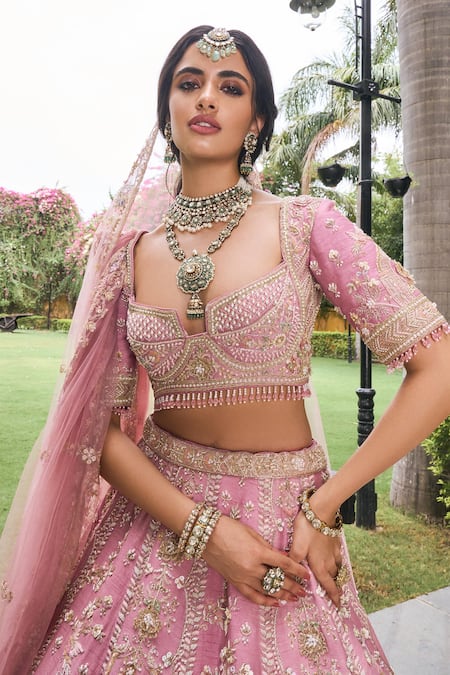 House of ayra_Pink Silk, Net Embroidery, Beads, Pearls, Orchid Embellished Bridal Lehenga Set _Online_at_Aza_Fashions