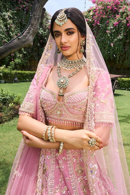 Buy_House of ayra_Pink Silk, Net Embroidery, Beads, Pearls, Orchid Embellished Bridal Lehenga Set _Online_at_Aza_Fashions