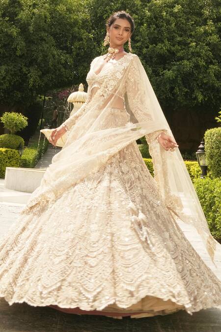 House of ayra_Gold Net Embroidery, Sequins, Stones, Metallic Thread, Pearl Bridal Lehenga Set _Online_at_Aza_Fashions