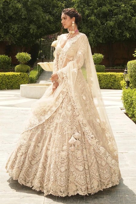 Buy_House of ayra_Gold Net Embroidery, Sequins, Stones, Metallic Thread, Pearl Bridal Lehenga Set _Online_at_Aza_Fashions