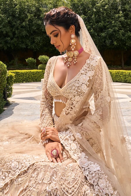 Shop_House of ayra_Gold Net Embroidery, Sequins, Stones, Metallic Thread, Pearl Bridal Lehenga Set _Online_at_Aza_Fashions