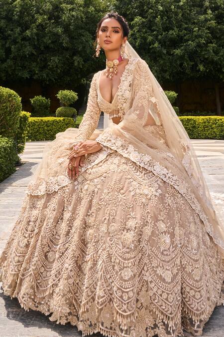 House of ayra_Gold Net Embroidery, Sequins, Stones, Metallic Thread, Pearl Bridal Lehenga Set _at_Aza_Fashions