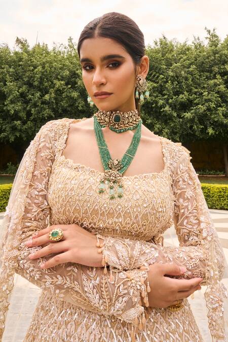 House of ayra_Ivory Net Embroidery, Sequins, Stones, Metallic Snow White Bridal Lehenga Set _Online_at_Aza_Fashions