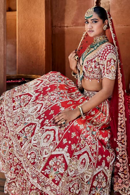 House of ayra_Red Silk, Net Embroidery, Sequins, Beads, Sunset And Anchor Bridal Lehenga Set _Online_at_Aza_Fashions