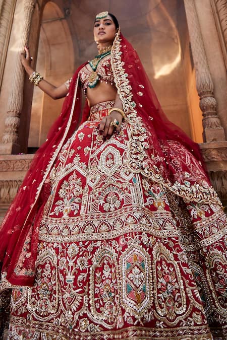 Buy_House of ayra_Red Silk, Net Embroidery, Sequins, Beads, Sunset And Anchor Bridal Lehenga Set _Online_at_Aza_Fashions