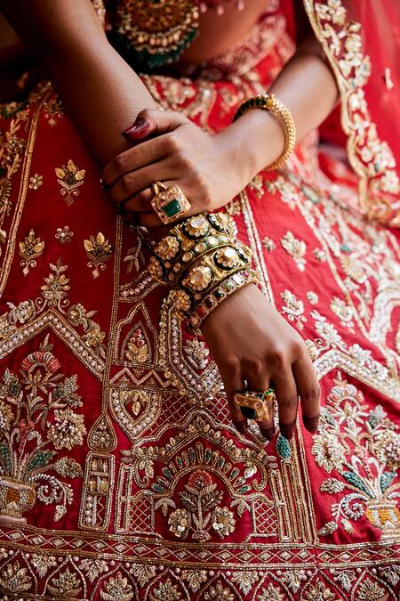 Shop_House of ayra_Red Silk, Net Embroidery, Sequins, Beads, Sunset And Anchor Bridal Lehenga Set _Online_at_Aza_Fashions