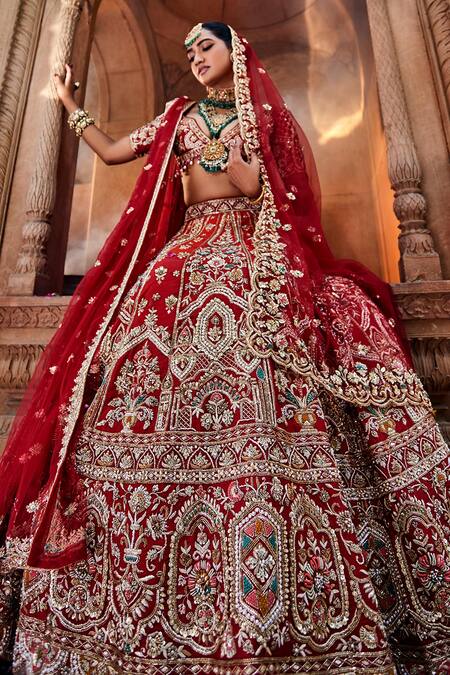 House of ayra_Red Silk, Net Embroidery, Sequins, Beads, Sunset And Anchor Bridal Lehenga Set _at_Aza_Fashions
