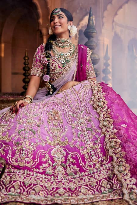 House of ayra Bubblegum Ombre Zardozi & Sequin Embroidered Lehenga Set 