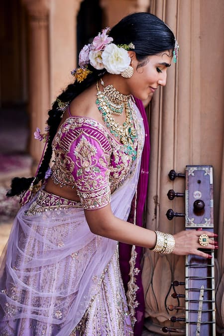 House of ayra_Purple Silk, Net Embroidery, Sequins, Bubblegum Ombre Zardozi And Lehenga Set _Online_at_Aza_Fashions