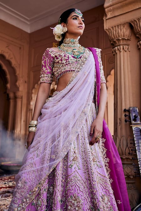 Buy_House of ayra_Purple Silk, Net Embroidery, Sequins, Bubblegum Ombre Zardozi And Lehenga Set _Online_at_Aza_Fashions