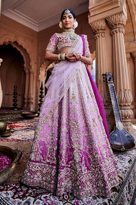 House of ayra Bubblegum Ombre Zardozi & Sequin Embroidered Lehenga Set 