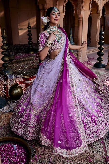 House of ayra_Purple Silk, Net Embroidery, Sequins, Bubblegum Ombre Zardozi And Lehenga Set _at_Aza_Fashions