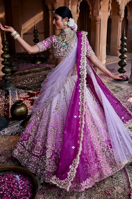 Buy_House of ayra_Purple Silk, Net Embroidery, Sequins, Bubblegum Ombre Zardozi And Lehenga Set 