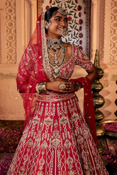 House of ayra_Red Silk, Net Embroidery, Sequins, Zari Peony Jharokha Motif Bridal Lehenga Set _Online_at_Aza_Fashions