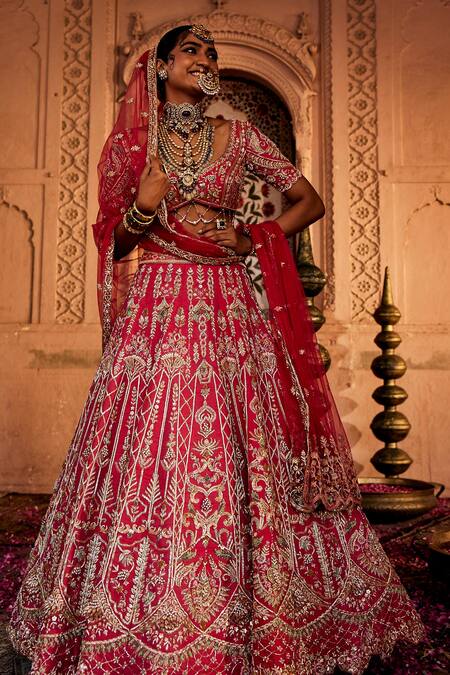 Buy_House of ayra_Red Silk, Net Embroidery, Sequins, Zari Peony Jharokha Motif Bridal Lehenga Set _Online_at_Aza_Fashions