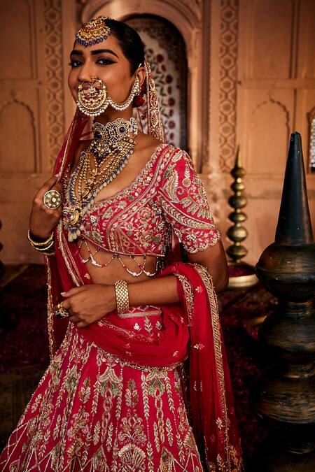 Shop_House of ayra_Red Silk, Net Embroidery, Sequins, Zari Peony Jharokha Motif Bridal Lehenga Set _Online_at_Aza_Fashions