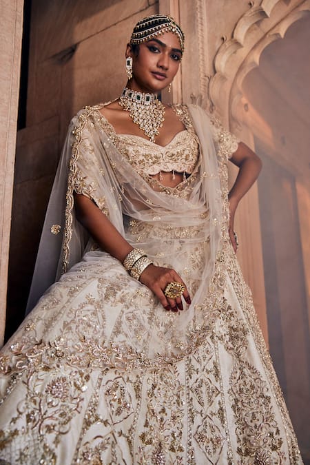 House of ayra_Off White Silk, Net Zari, Embroidery, Solara Zardozi Bridal Lehenga Set _Online_at_Aza_Fashions