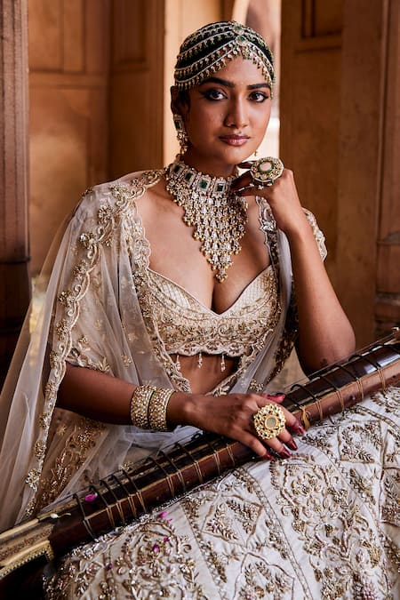 Shop_House of ayra_Off White Silk, Net Zari, Embroidery, Solara Zardozi Bridal Lehenga Set _Online_at_Aza_Fashions