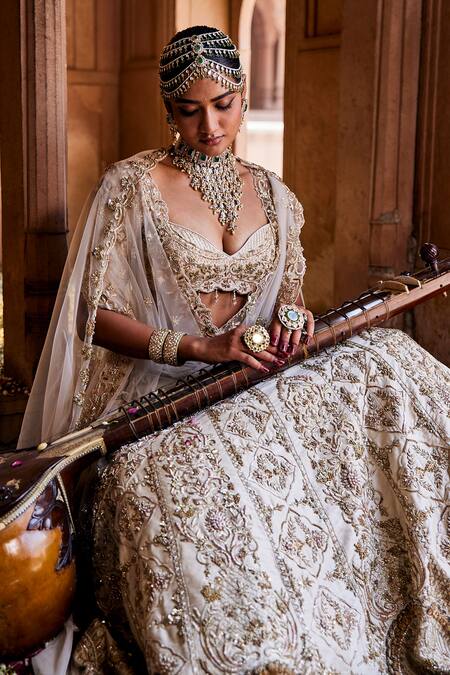 Buy_House of ayra_Off White Silk, Net Zari, Embroidery, Solara Zardozi Bridal Lehenga Set 