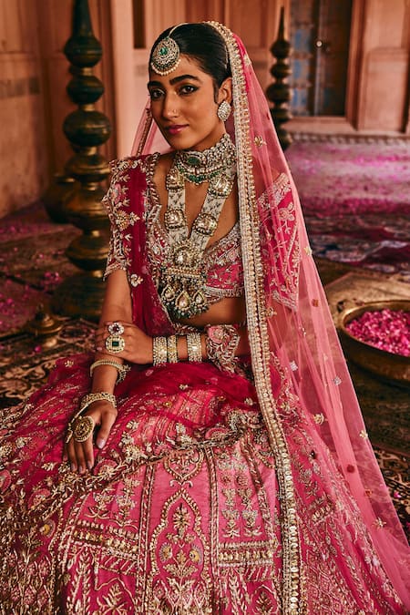 Buy_House of ayra_Pink Silk Embroidery, Zari, Sequins V-neck Misty Rose Bridal Lehenga Set _Online_at_Aza_Fashions
