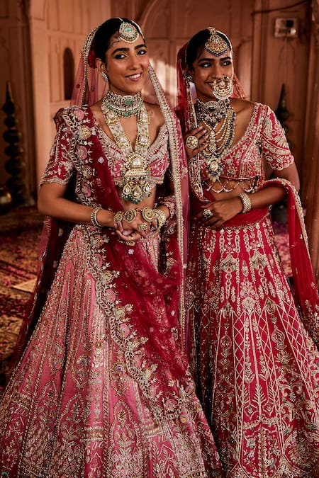 Shop_House of ayra_Pink Silk Embroidery, Zari, Sequins V-neck Misty Rose Bridal Lehenga Set _Online_at_Aza_Fashions