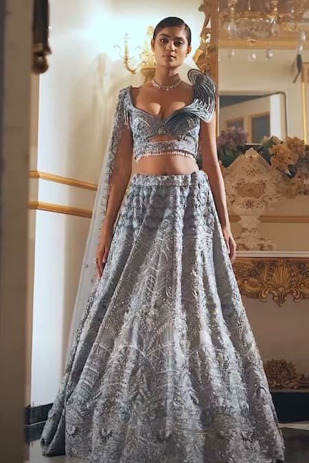 House of ayra Aqua Textured Sparkle Lehenga, Blouse & Dupatta 