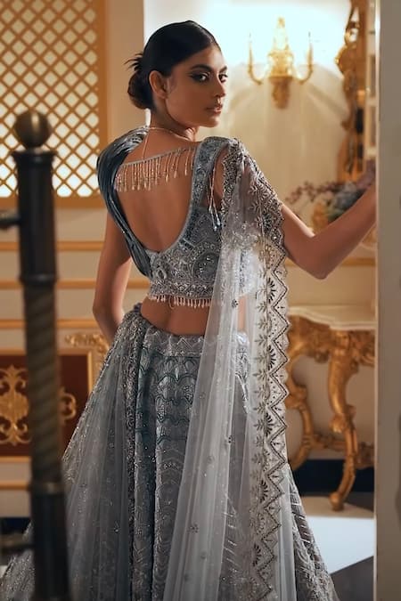 House of ayra Aqua Textured Sparkle Lehenga, Blouse & Dupatta 