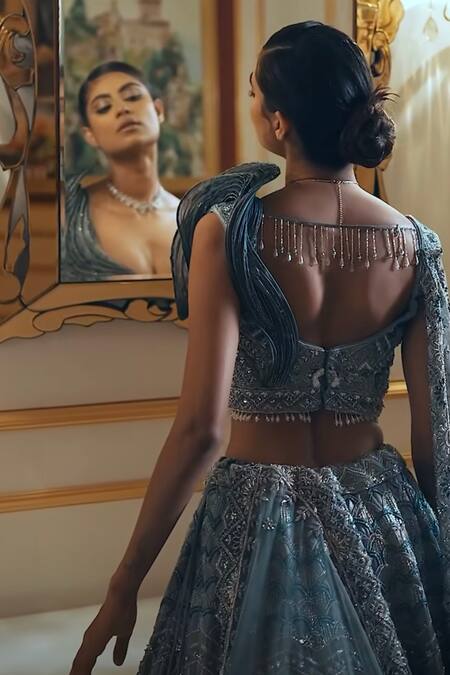 House of ayra_Blue Satin, Net Sequins, Beads, Aqua Textured Sparkle Lehenga, Blouse And Dupatta _Online_at_Aza_Fashions