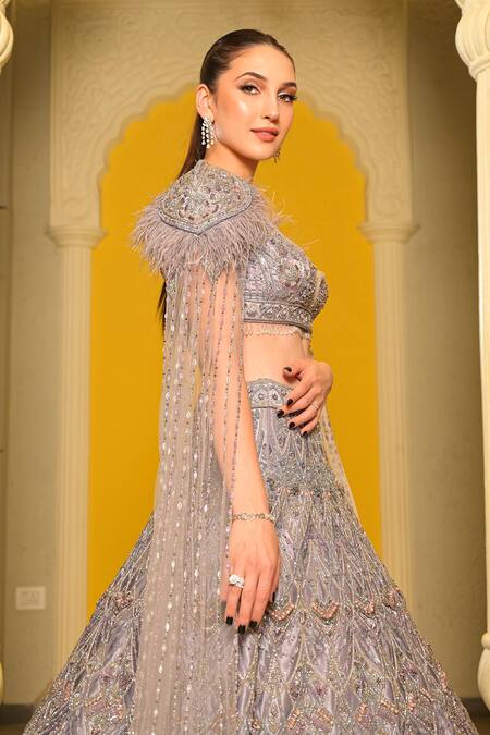 House of ayra_Silver Sequins, Pearls, Beads, Feathers Platinum And Embroidered Lehenga Set _Online_at_Aza_Fashions