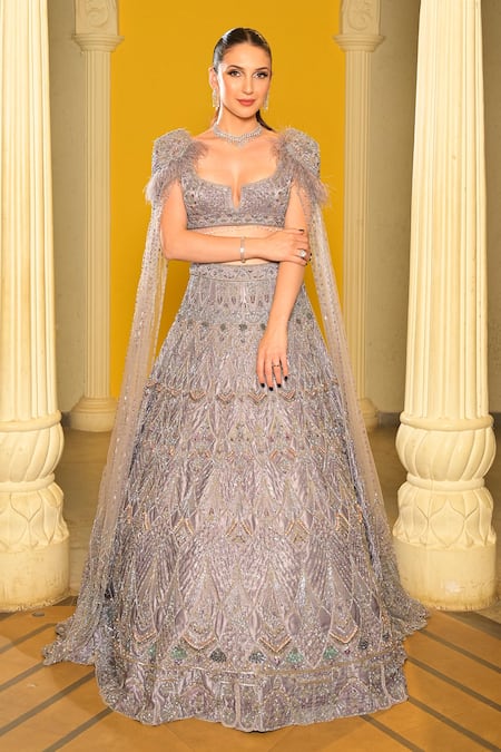 House of ayra Platinum Sequins & Pearl Embroidered Lehenga Set 