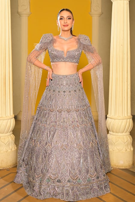 House of ayra Platinum Sequins & Pearl Embroidered Lehenga Set 