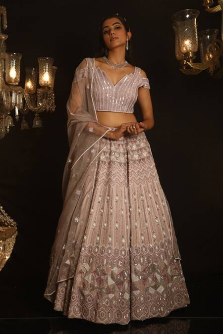 House of ayra_Purple Crepe, Silk, Organza Sequins, Embroidery, Mauvette Geometric Lehenga Set _Online_at_Aza_Fashions