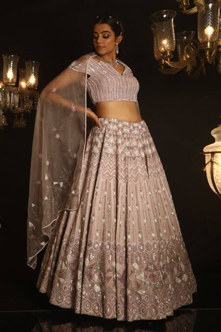 Buy_House of ayra_Purple Crepe, Silk, Organza Sequins, Embroidery, Mauvette Geometric Lehenga Set _Online_at_Aza_Fashions